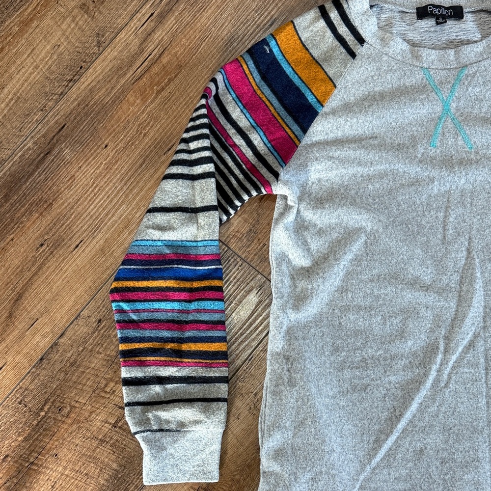 Papillon Blanc Gray Sweatshirt with Striped Accents - Picture 3 of 4